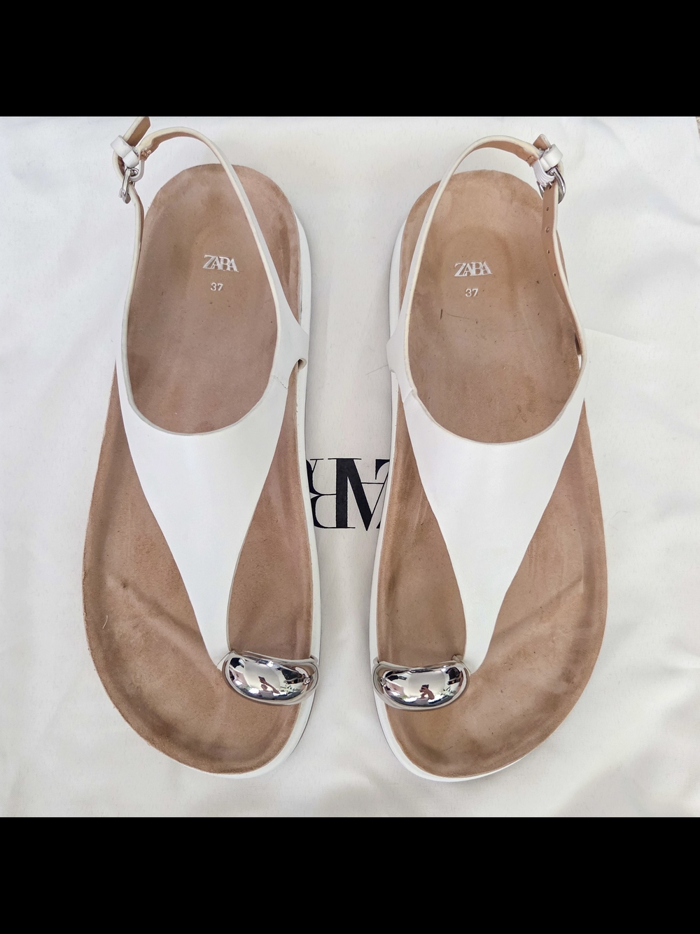 ZARA White Leather Slingback Sandals with Silver Toe Accent